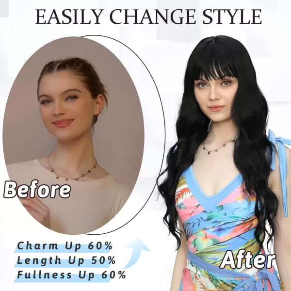 NAYOO Long Brown Wigs with Bangs for Women Curly Wavy Hair Wigs Heat Resistant Synthetic Fiber Wigs for Daily Party Use 26 Inches 