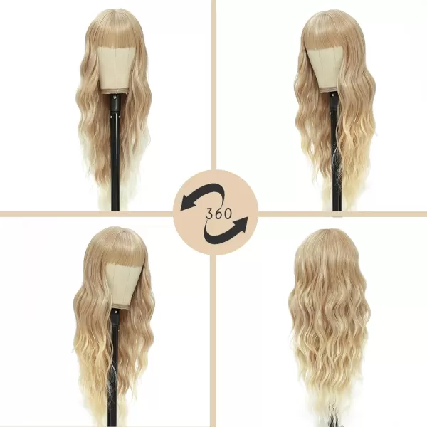 NAYOO Long Brown Wigs with Bangs for Women Curly Wavy Hair Wigs Heat Resistant Synthetic Fiber Wigs for Daily Party Use 26 Inches 
