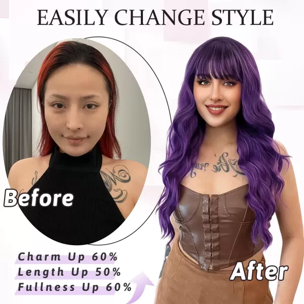 NAYOO Long Brown Wigs with Bangs for Women Curly Wavy Hair Wigs Heat Resistant Synthetic Fiber Wigs for Daily Party Use 26 Inches 