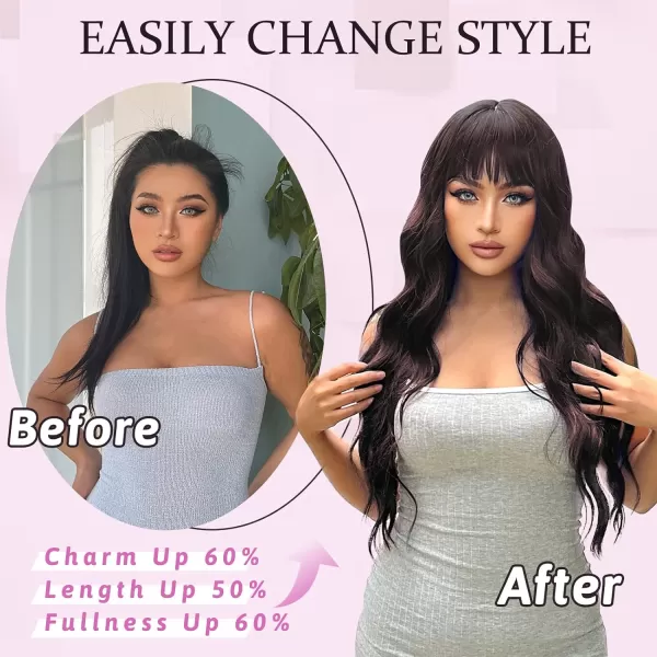 NAYOO Long Brown Wigs with Bangs for Women Curly Wavy Hair Wigs Heat Resistant Synthetic Fiber Wigs for Daily Party Use 26 Inches 