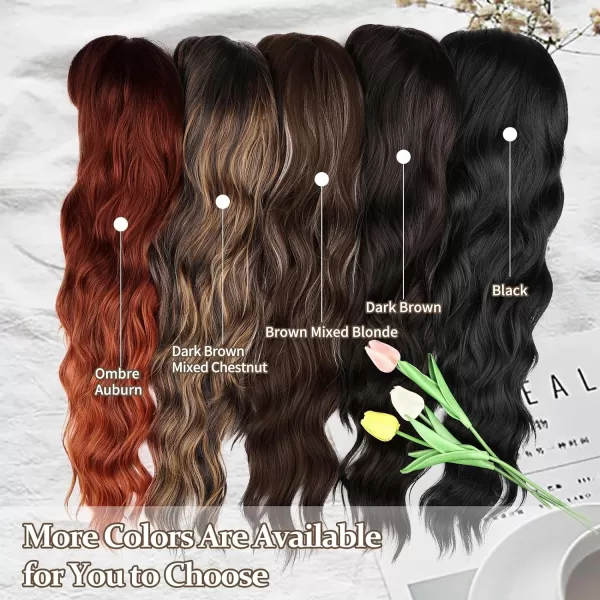 NAYOO Long Brown Wigs with Bangs for Women Curly Wavy Hair Wigs Heat Resistant Synthetic Fiber Wigs for Daily Party Use 26 Inches 