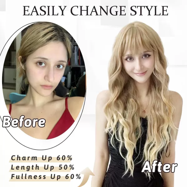 NAYOO Long Brown Wigs with Bangs for Women Curly Wavy Hair Wigs Heat Resistant Synthetic Fiber Wigs for Daily Party Use 26 Inches 