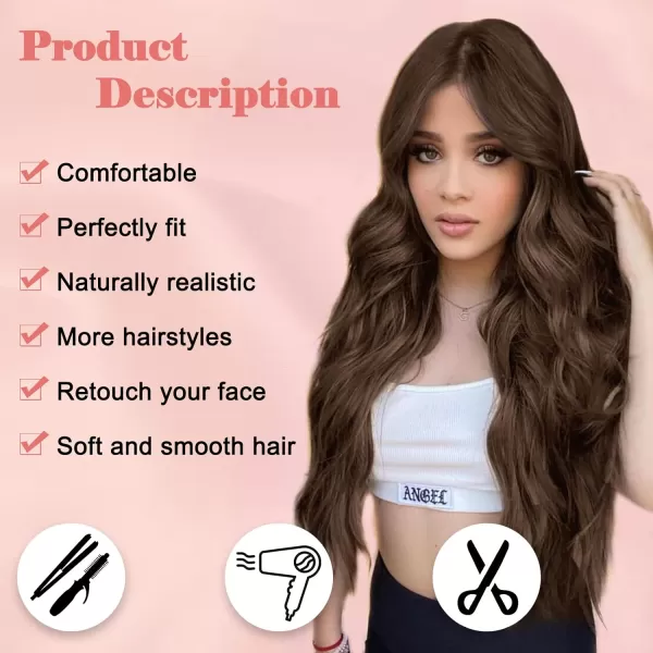 NAYOO Long Dark Brown Wavy Wig for Women 26 Inch Middle Part Curly Wavy Wig Natural Looking Synthetic Heat Resistant Fiber Wig for Daily Party Use 