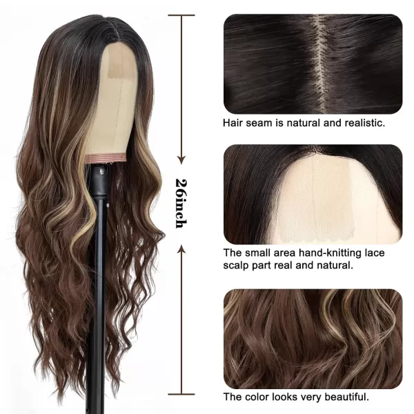 NAYOO Long Dark Brown Wavy Wig for Women 26 Inch Middle Part Curly Wavy Wig Natural Looking Synthetic Heat Resistant Fiber Wig for Daily Party Use 