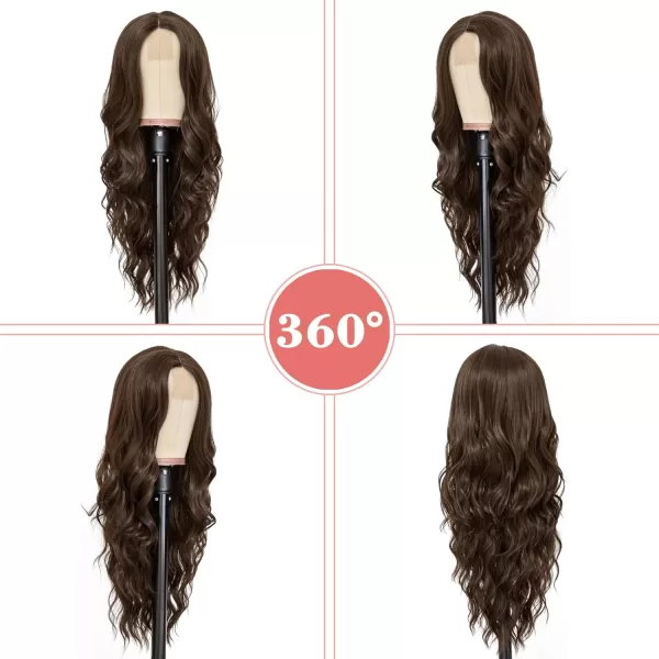 NAYOO Long Dark Brown Wavy Wig for Women 26 Inch Middle Part Curly Wavy Wig Natural Looking Synthetic Heat Resistant Fiber Wig for Daily Party Use 