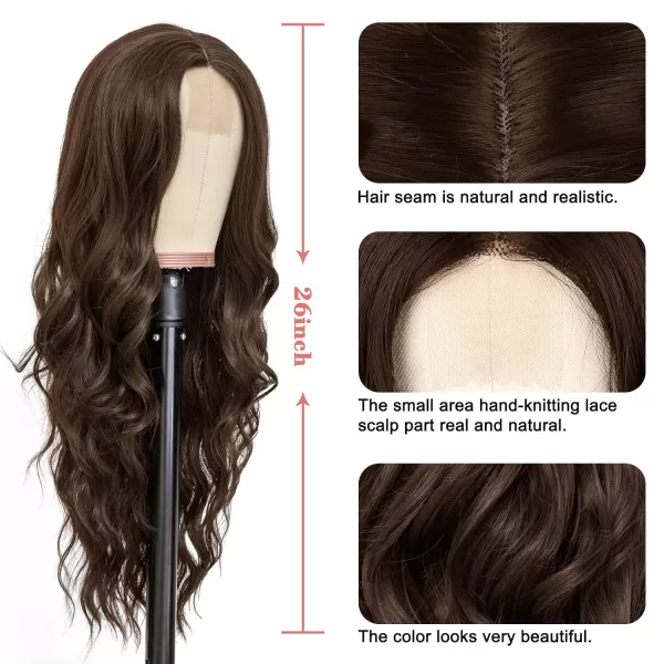 NAYOO Long Dark Brown Wavy Wig for Women 26 Inch Middle Part Curly Wavy Wig Natural Looking Synthetic Heat Resistant Fiber Wig for Daily Party Use 