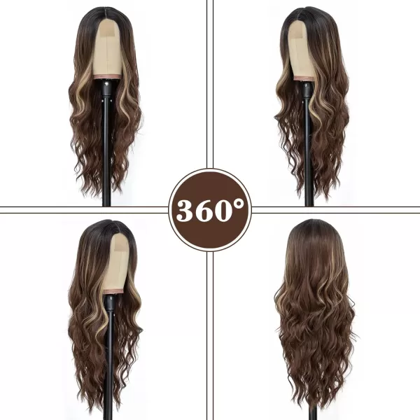NAYOO Long Dark Brown Wavy Wig for Women 26 Inch Middle Part Curly Wavy Wig Natural Looking Synthetic Heat Resistant Fiber Wig for Daily Party Use 