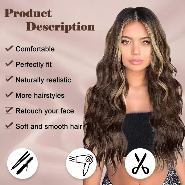NAYOO Long Dark Brown Wavy Wig for Women 26 Inch Middle Part Curly Wavy Wig Natural Looking Synthetic Heat Resistant Fiber Wig for Daily Party Use 