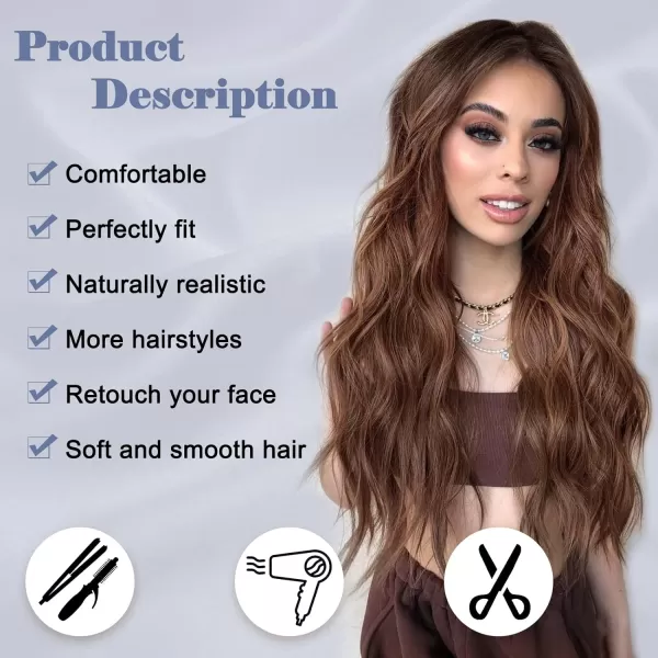 NAYOO Long Dark Brown Wavy Wig for Women 26 Inch Middle Part Curly Wavy Wig Natural Looking Synthetic Heat Resistant Fiber Wig for Daily Party Use 