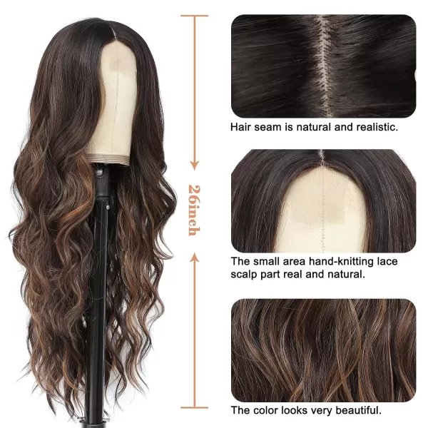 NAYOO Long Dark Brown Wavy Wig for Women 26 Inch Middle Part Curly Wavy Wig Natural Looking Synthetic Heat Resistant Fiber Wig for Daily Party Use 