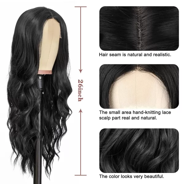 NAYOO Long Dark Brown Wavy Wig for Women 26 Inch Middle Part Curly Wavy Wig Natural Looking Synthetic Heat Resistant Fiber Wig for Daily Party Use 