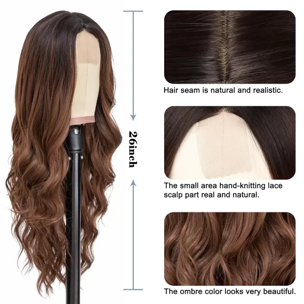 NAYOO Long Dark Brown Wavy Wig for Women 26 Inch Middle Part Curly Wavy Wig Natural Looking Synthetic Heat Resistant Fiber Wig for Daily Party Use 