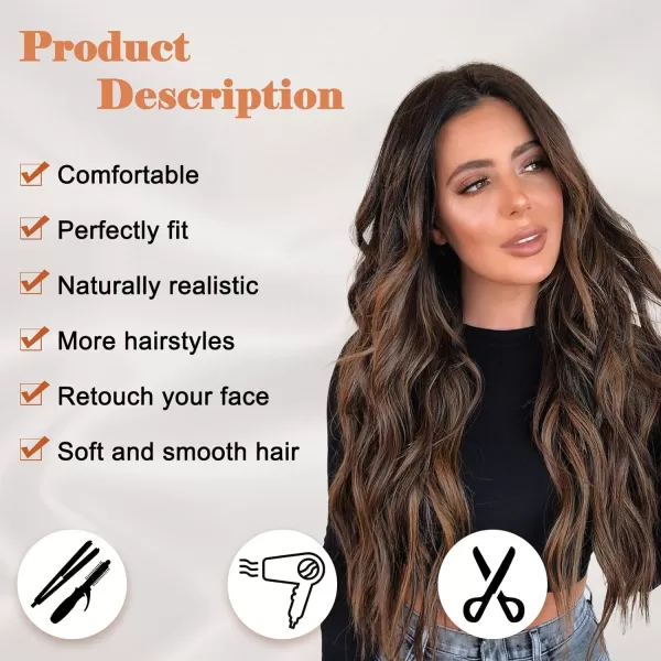 NAYOO Long Dark Brown Wavy Wig for Women 26 Inch Middle Part Curly Wavy Wig Natural Looking Synthetic Heat Resistant Fiber Wig for Daily Party Use 