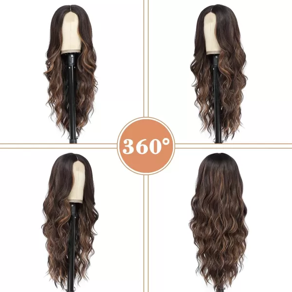 NAYOO Long Dark Brown Wavy Wig for Women 26 Inch Middle Part Curly Wavy Wig Natural Looking Synthetic Heat Resistant Fiber Wig for Daily Party Use 