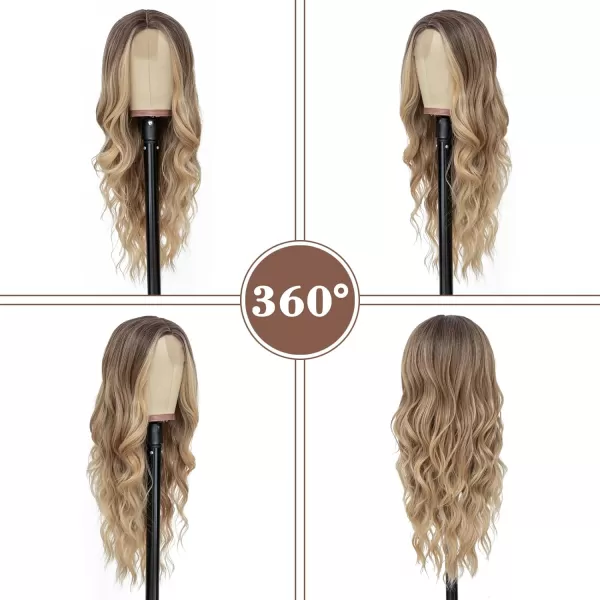 NAYOO Long Dark Brown Wavy Wig for Women 26 Inch Middle Part Curly Wavy Wig Natural Looking Synthetic Heat Resistant Fiber Wig for Daily Party Use 