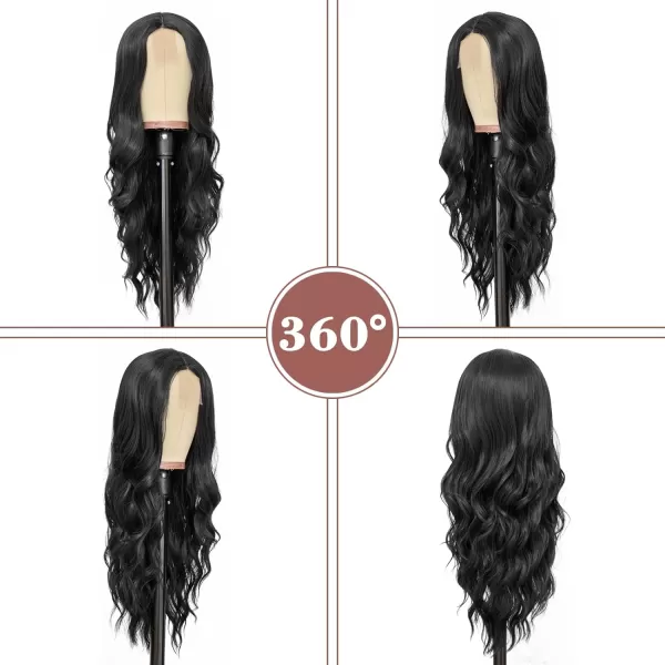 NAYOO Long Dark Brown Wavy Wig for Women 26 Inch Middle Part Curly Wavy Wig Natural Looking Synthetic Heat Resistant Fiber Wig for Daily Party Use 