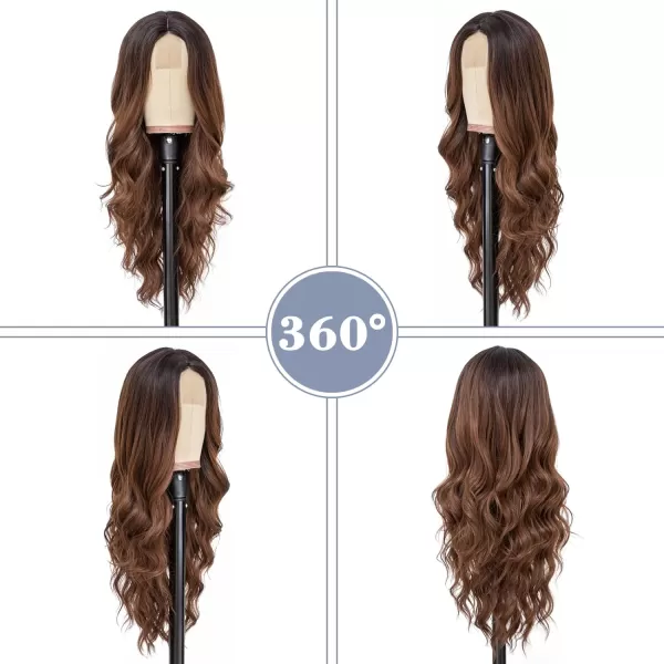 NAYOO Long Dark Brown Wavy Wig for Women 26 Inch Middle Part Curly Wavy Wig Natural Looking Synthetic Heat Resistant Fiber Wig for Daily Party Use 