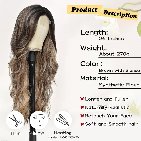 NAYOO Long Dark Brown Wavy Wig for Women Synthetic Curly Middle Part Wig Natural Looking Heat Resistant Fibre for Daily Party Use 26 Inch 