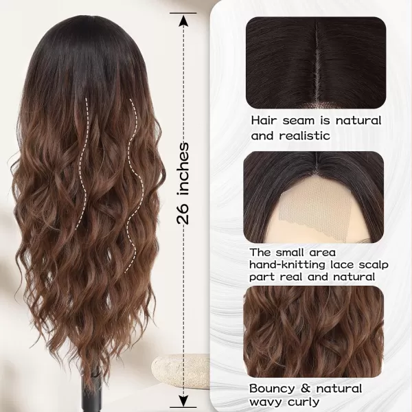 NAYOO Long Dark Brown Wavy Wig for Women Synthetic Curly Middle Part Wig Natural Looking Heat Resistant Fibre for Daily Party Use 26 Inch 