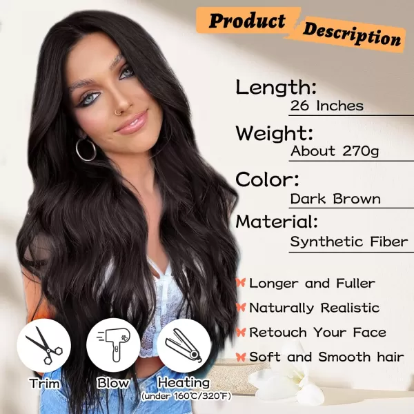 NAYOO Long Dark Brown Wavy Wig for Women Synthetic Curly Middle Part Wig Natural Looking Heat Resistant Fibre for Daily Party Use 26 Inch 