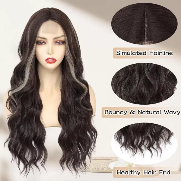 NAYOO Long Dark Brown Wavy Wig for Women Synthetic Curly Middle Part Wig Natural Looking Heat Resistant Fibre for Daily Party Use 26 Inch 