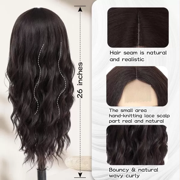 NAYOO Long Dark Brown Wavy Wig for Women Synthetic Curly Middle Part Wig Natural Looking Heat Resistant Fibre for Daily Party Use 26 Inch 
