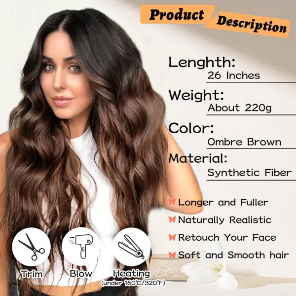 NAYOO Long Dark Brown Wavy Wig for Women Synthetic Curly Middle Part Wig Natural Looking Heat Resistant Fibre for Daily Party Use 26 Inch 