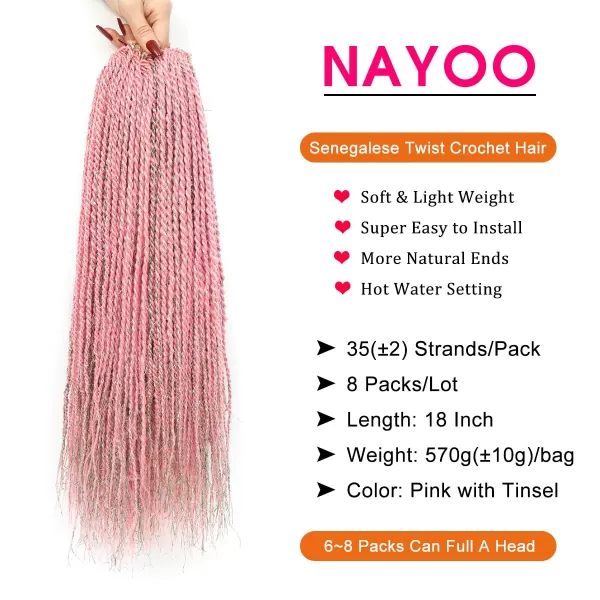 NAYOO Senegalese Twist Crochet Hair - 8 Packs 18 Inch Crochet Hair For Black Women, 35 Strands/Pack Small Twist Crochet Hair Hot Water Setting, Crochet Braids Hair with Natural End