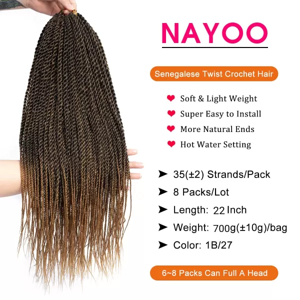 NAYOO Senegalese Twist Crochet Hair - 8 Packs 18 Inch Crochet Hair For Black Women, 35 Strands/Pack Small Twist Crochet Hair Hot Water Setting, Crochet Braids Hair with Natural End