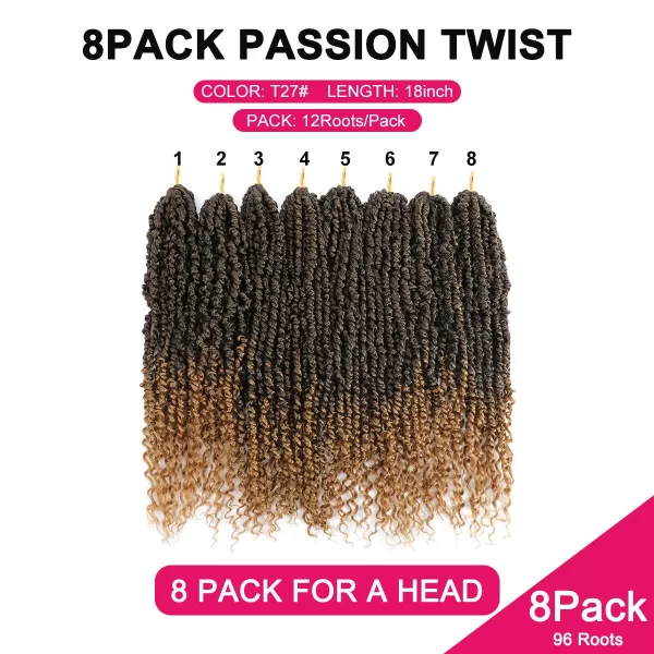 Passion Twist Hair - 8 Packs 12 Inch Passion Twist Crochet Hair For Women, Crochet Pretwisted Curly Hair Passion Twists Synthetic Braiding Hair Extensions 