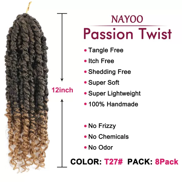 Passion Twist Hair - 8 Packs 12 Inch Passion Twist Crochet Hair For Women, Crochet Pretwisted Curly Hair Passion Twists Synthetic Braiding Hair Extensions 