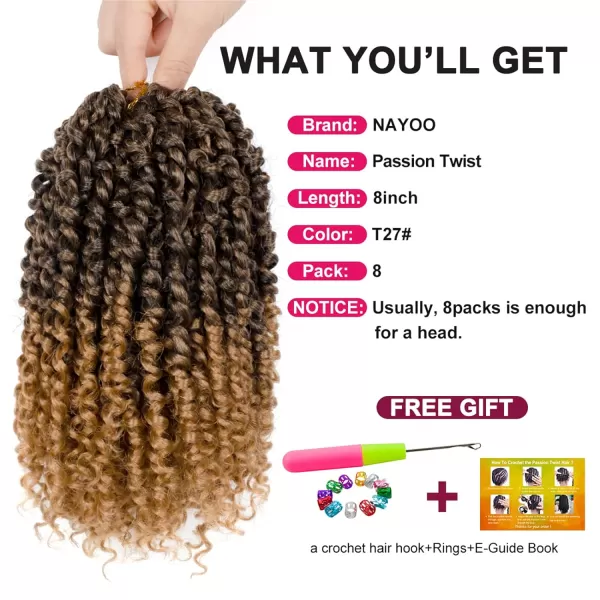 Passion Twist Hair - 8 Packs 12 Inch Passion Twist Crochet Hair For Women, Crochet Pretwisted Curly Hair Passion Twists Synthetic Braiding Hair Extensions 