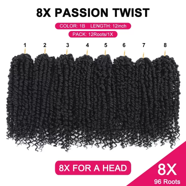 Passion Twist Hair - 8 Packs 12 Inch Passion Twist Crochet Hair For Women, Crochet Pretwisted Curly Hair Passion Twists Synthetic Braiding Hair Extensions 