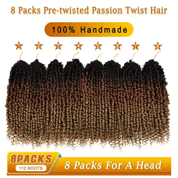 Passion Twist Hair - 8 Packs 14 Inch Pretwisted Passion Twist Crochet Hair For Women, Pre-Looped Passion Twists Braiding Synthetic Hair Extensions , T350)