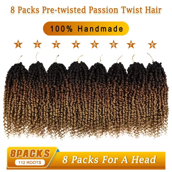 Passion Twist Hair - 8 Packs 14 Inch Pretwisted Passion Twist Crochet Hair For Women, Pre-Looped Passion Twists Braiding Synthetic Hair Extensions , T350)