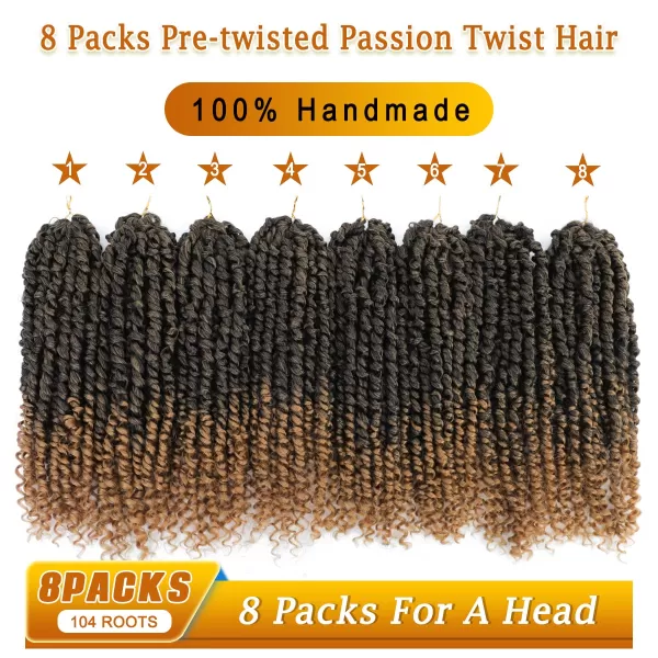 Passion Twist Hair - 8 Packs 14 Inch Pretwisted Passion Twist Crochet Hair For Women, Pre-Looped Passion Twists Braiding Synthetic Hair Extensions , T350)