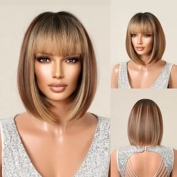 NAYOO Blonde Wig with Bangs, 12 Inch Blonde Short Bob Wigs for Women, Natural Look Blonde Bob Wig with Bangs, Super Soft Straight Bob Wig, Colorful Wig for Everyday Use, Cosplay, Halloween