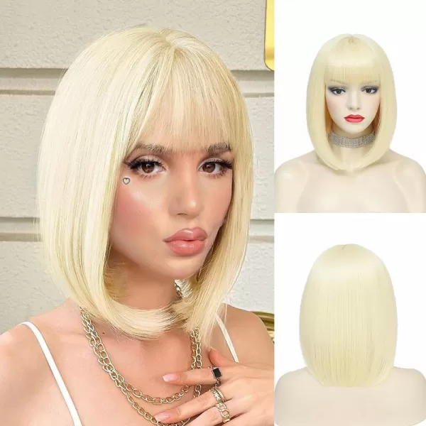 NAYOO Blonde Wig with Bangs, 12 Inch Blonde Short Bob Wigs for Women, Natural Look Blonde Bob Wig with Bangs, Super Soft Straight Bob Wig, Colorful Wig for Everyday Use, Cosplay, Halloween