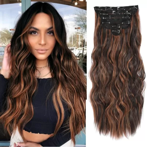 NAYOO Clip in Hair Extensions for Women 20 Inch Long Wavy Curly Dark Brown Hair Extension Full Head Synthetic Hair Extension Hairpieces