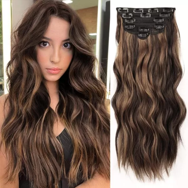 NAYOO Clip in Hair Extensions for Women 20 Inch Long Wavy Curly Dark Brown Hair Extension Full Head Synthetic Hair Extension Hairpieces