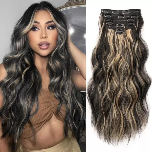 NAYOO Clip in Hair Extensions for Women 20 Inch Long Wavy Curly Dark Brown Hair Extension Full Head Synthetic Hair Extension Hairpieces