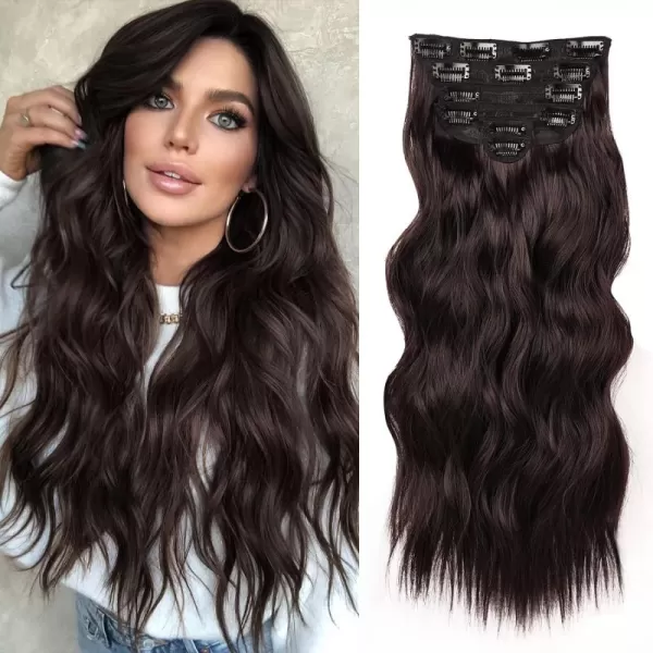 NAYOO Clip in Hair Extensions for Women 20 Inch Long Wavy Curly Dark Brown Hair Extension Full Head Synthetic Hair Extension Hairpieces
