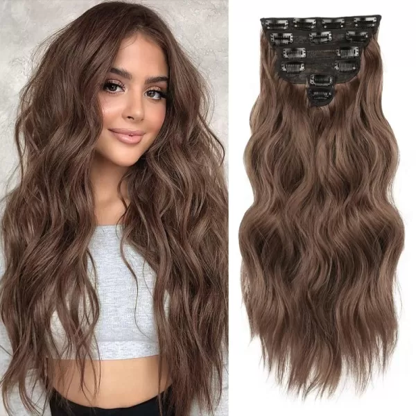 NAYOO Clip in Hair Extensions for Women 20 Inch Long Wavy Curly Dark Brown Hair Extension Full Head Synthetic Hair Extension Hairpieces