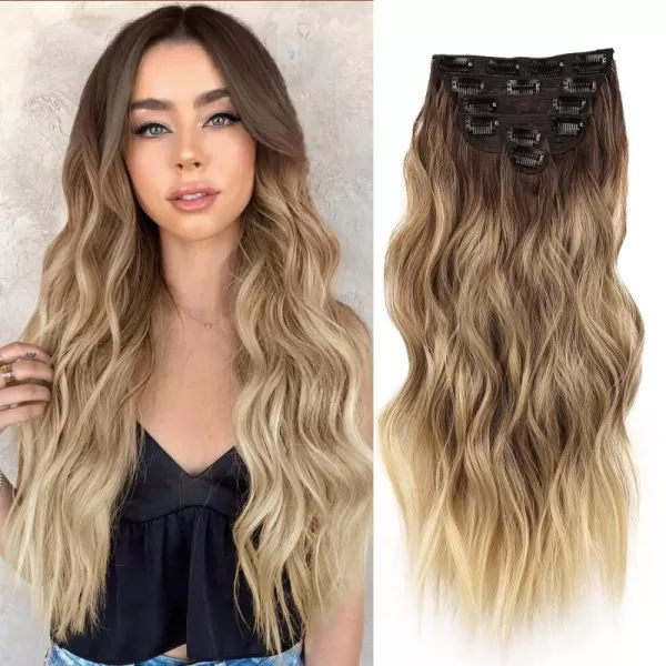 NAYOO Clip in Hair Extensions for Women 20 Inch Long Wavy Curly Dark Brown Hair Extension Full Head Synthetic Hair Extension Hairpieces