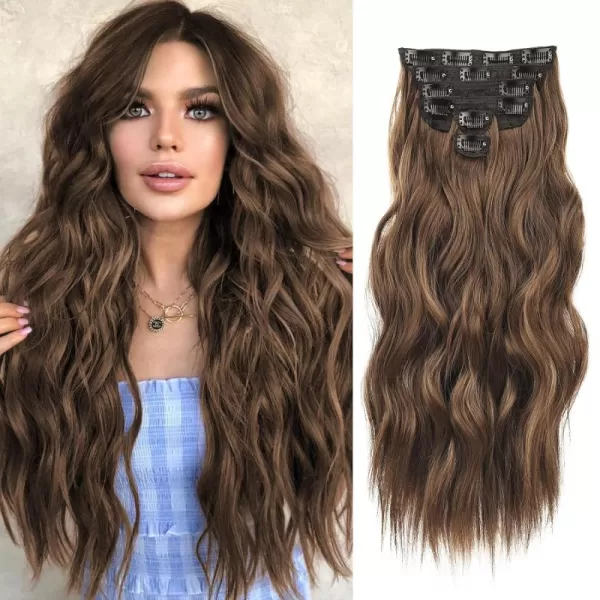 NAYOO Clip in Hair Extensions for Women 20 Inch Long Wavy Curly Dark Brown Hair Extension Full Head Synthetic Hair Extension Hairpieces
