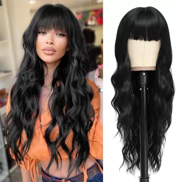 NAYOO Long Brown Wigs with Bangs for Women Curly Wavy Hair Wigs Heat Resistant Synthetic Fiber Wigs for Daily Party Use 26 Inches 
