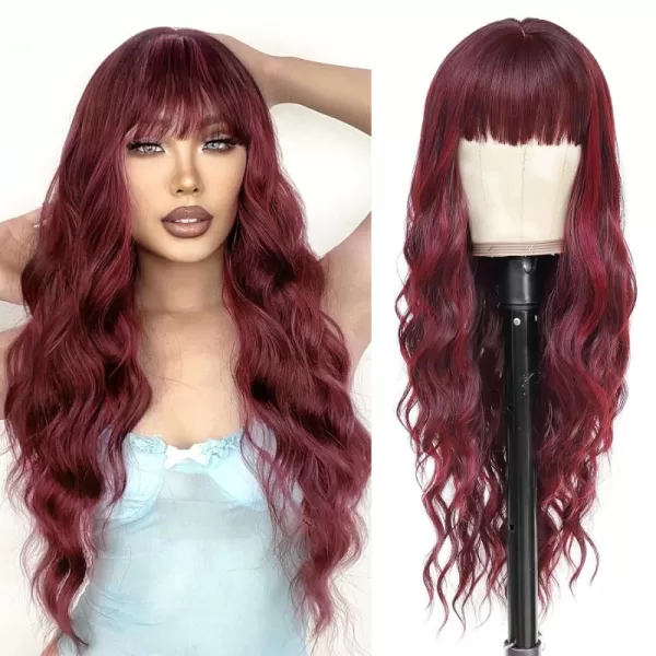 NAYOO Long Brown Wigs with Bangs for Women Curly Wavy Hair Wigs Heat Resistant Synthetic Fiber Wigs for Daily Party Use 26 Inches 