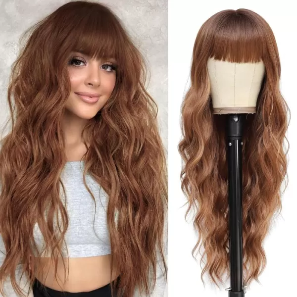 NAYOO Long Brown Wigs with Bangs for Women Curly Wavy Hair Wigs Heat Resistant Synthetic Fiber Wigs for Daily Party Use 26 Inches 