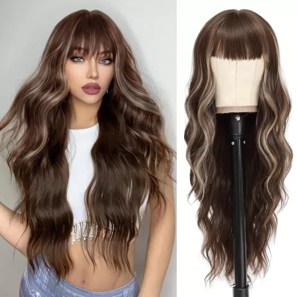 NAYOO Long Brown Wigs with Bangs for Women Curly Wavy Hair Wigs Heat Resistant Synthetic Fiber Wigs for Daily Party Use 26 Inches 