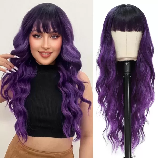 NAYOO Long Brown Wigs with Bangs for Women Curly Wavy Hair Wigs Heat Resistant Synthetic Fiber Wigs for Daily Party Use 26 Inches 